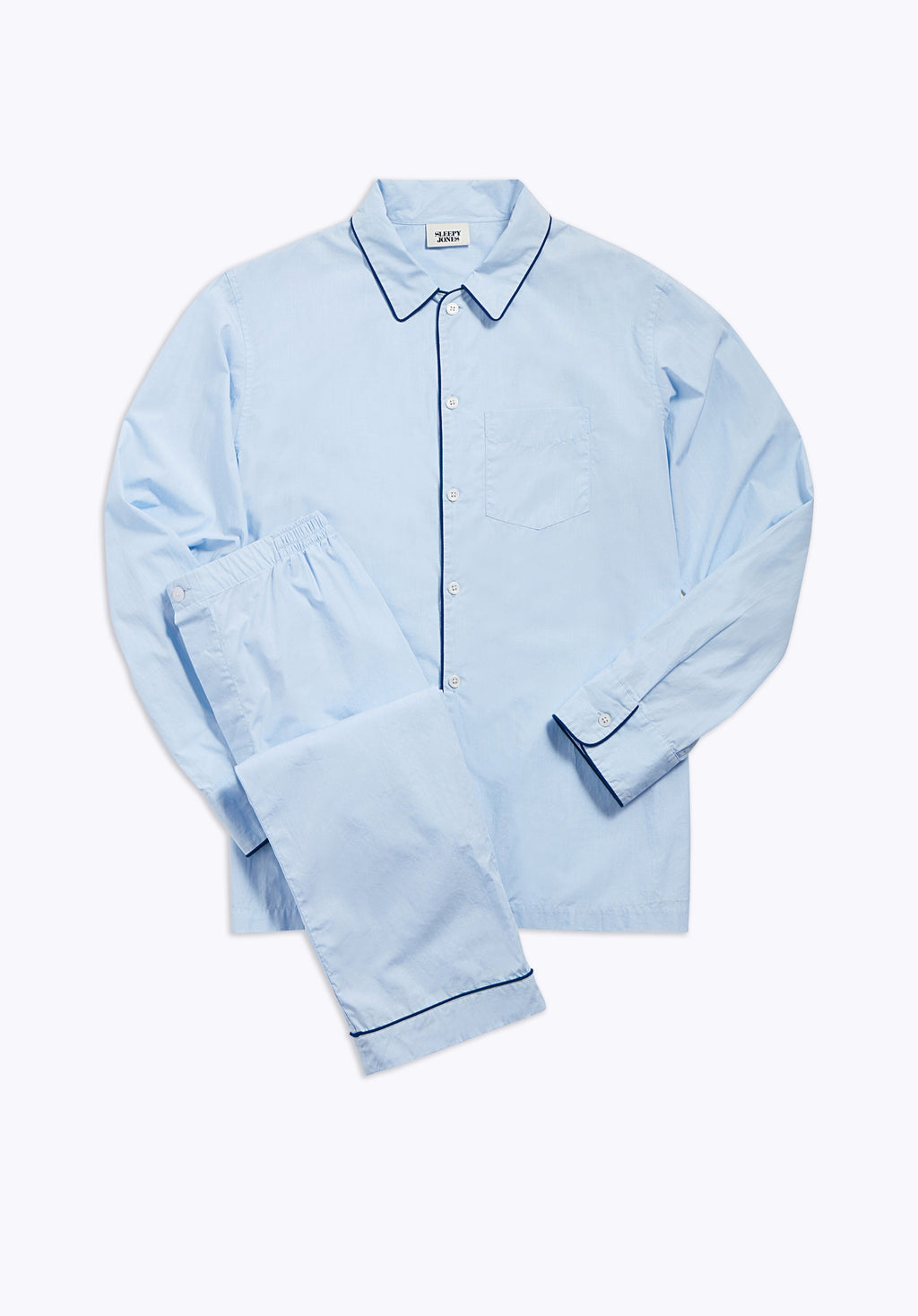 Henry Pajama Set in End on End Blue with Navy Piping